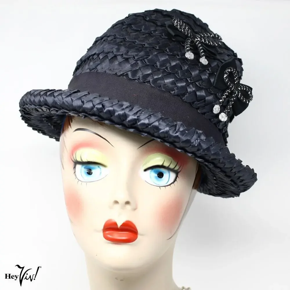 Vintage Black Woven Straw Hat Neiman Marcus with Rhinestone Bow Detail –Hey Viv